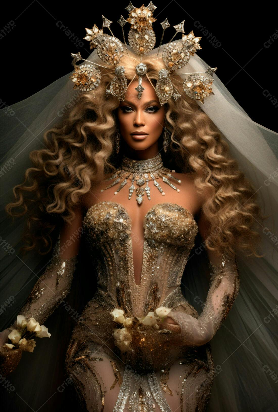 Modelo usando vestido dourado e coroa