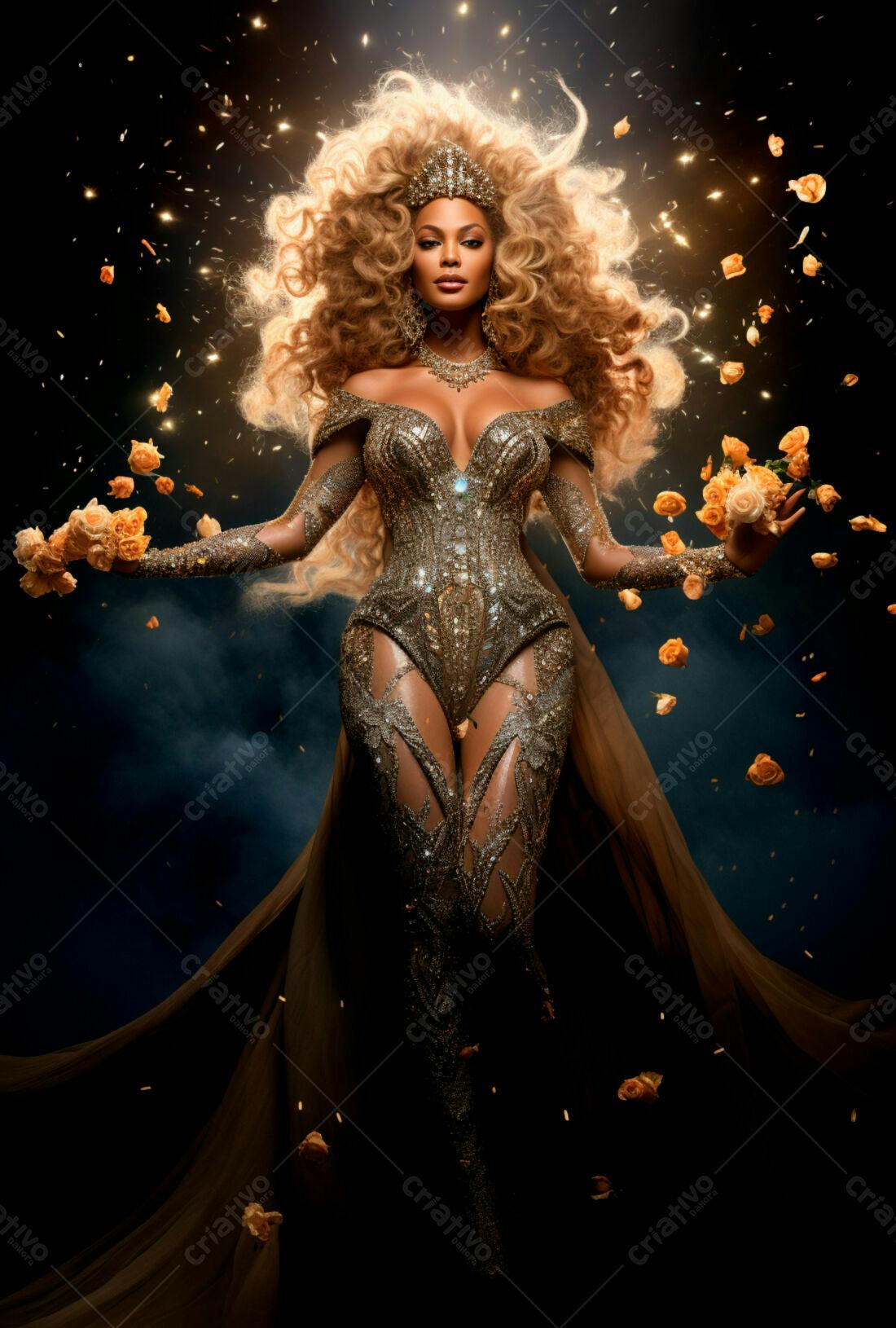 Rainha negra em vestido dourado com rosas