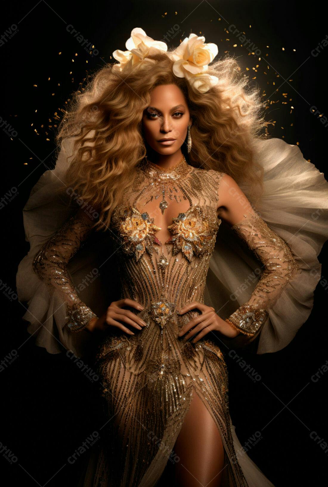 Modelo usando vestido dourado e flores no cabelo