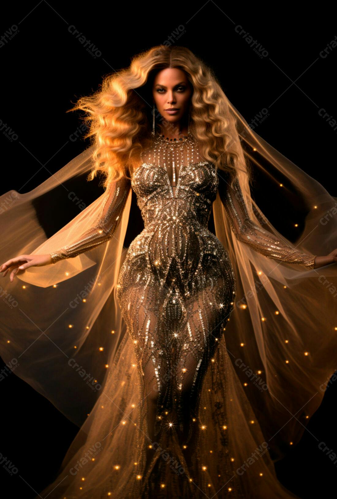 Modelo usando vestido dourado brilhante