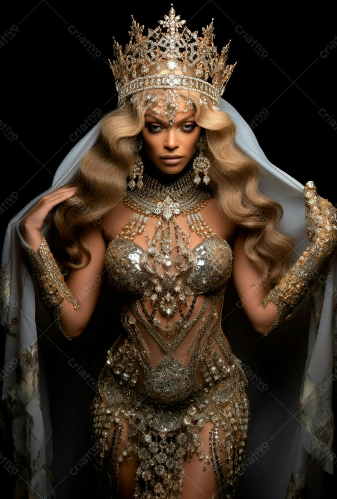 Modelo usando coroa e vestido dourado
