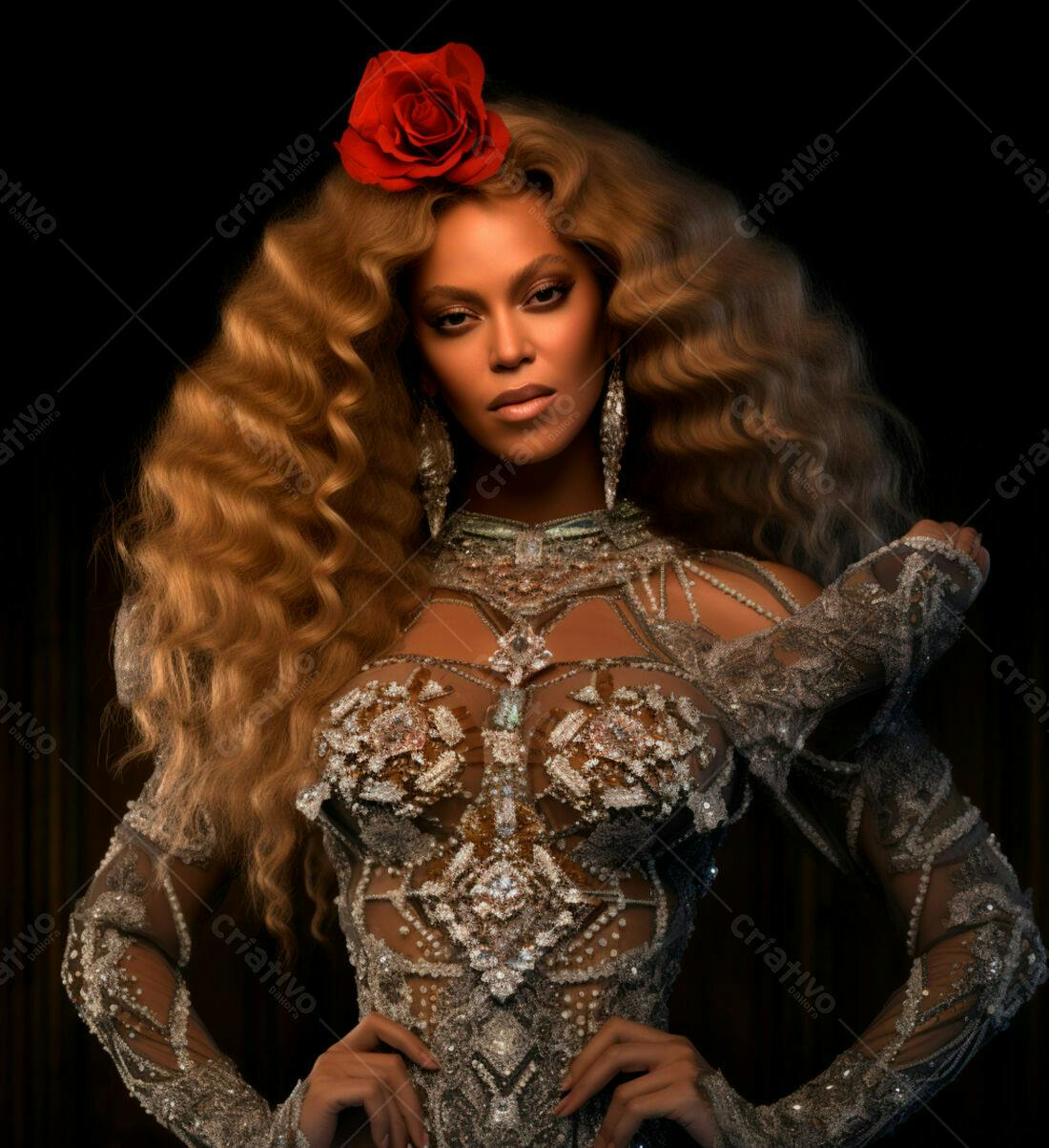 Beyoncé com vestido brilhante e rosa vermelha