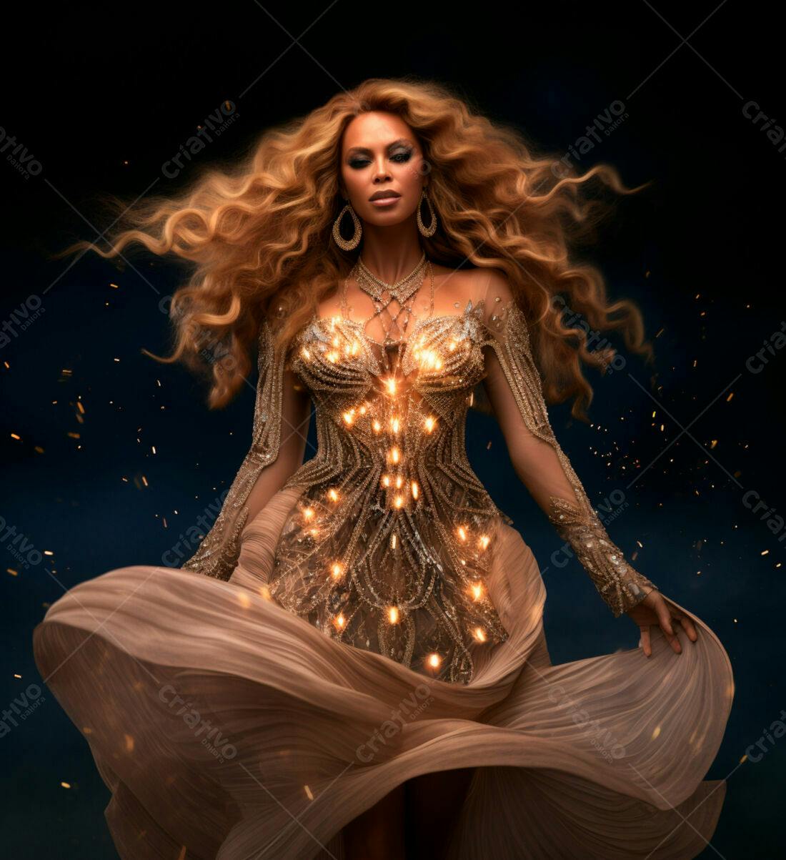 Modelo usando vestido dourado com luzes