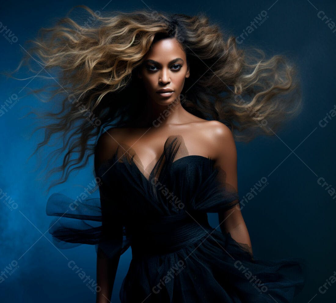 Beyoncé em vestido preto com cabelos longos e ondulados