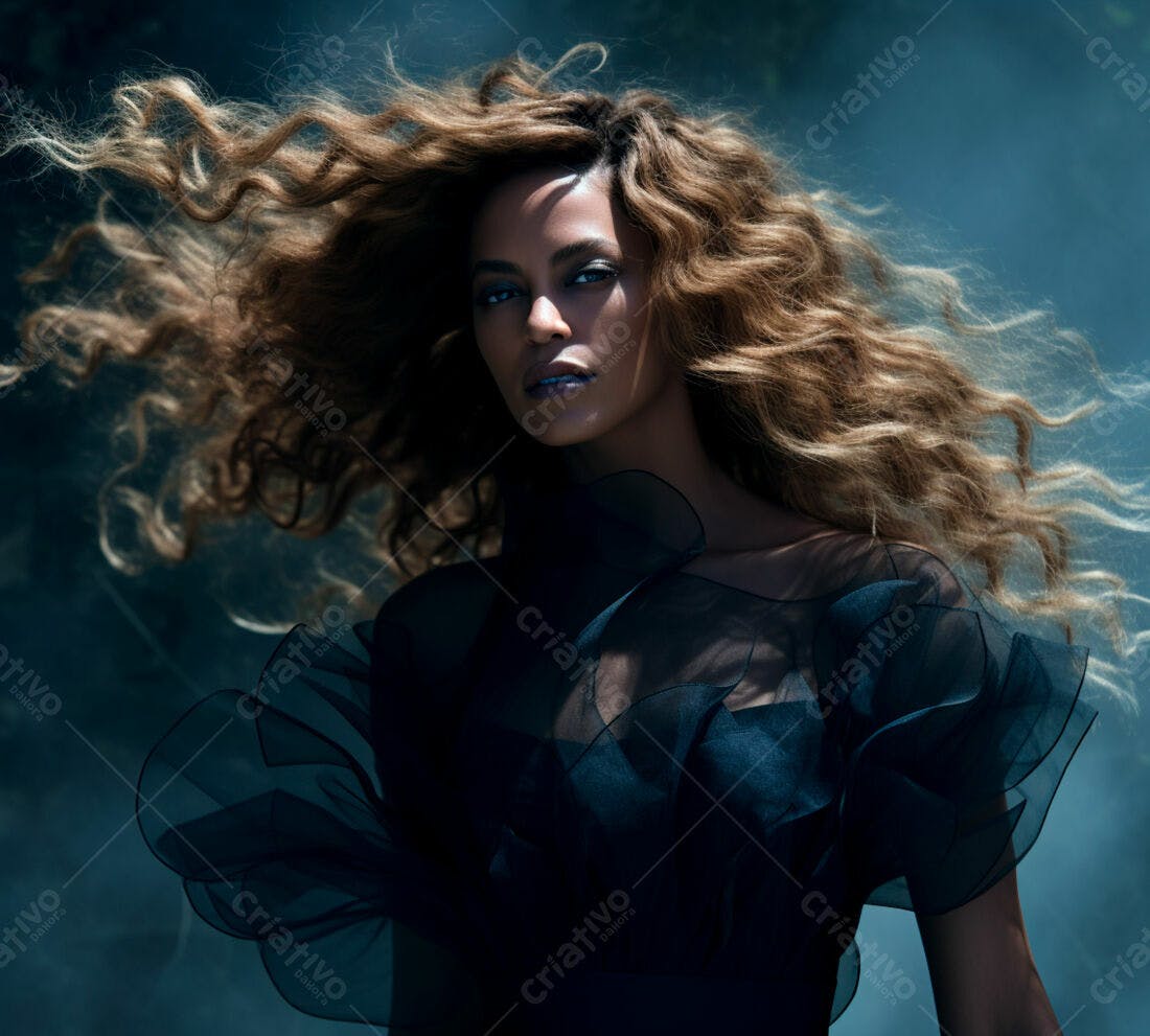 Beyoncé cabelo longo vestido preto fundo escuro