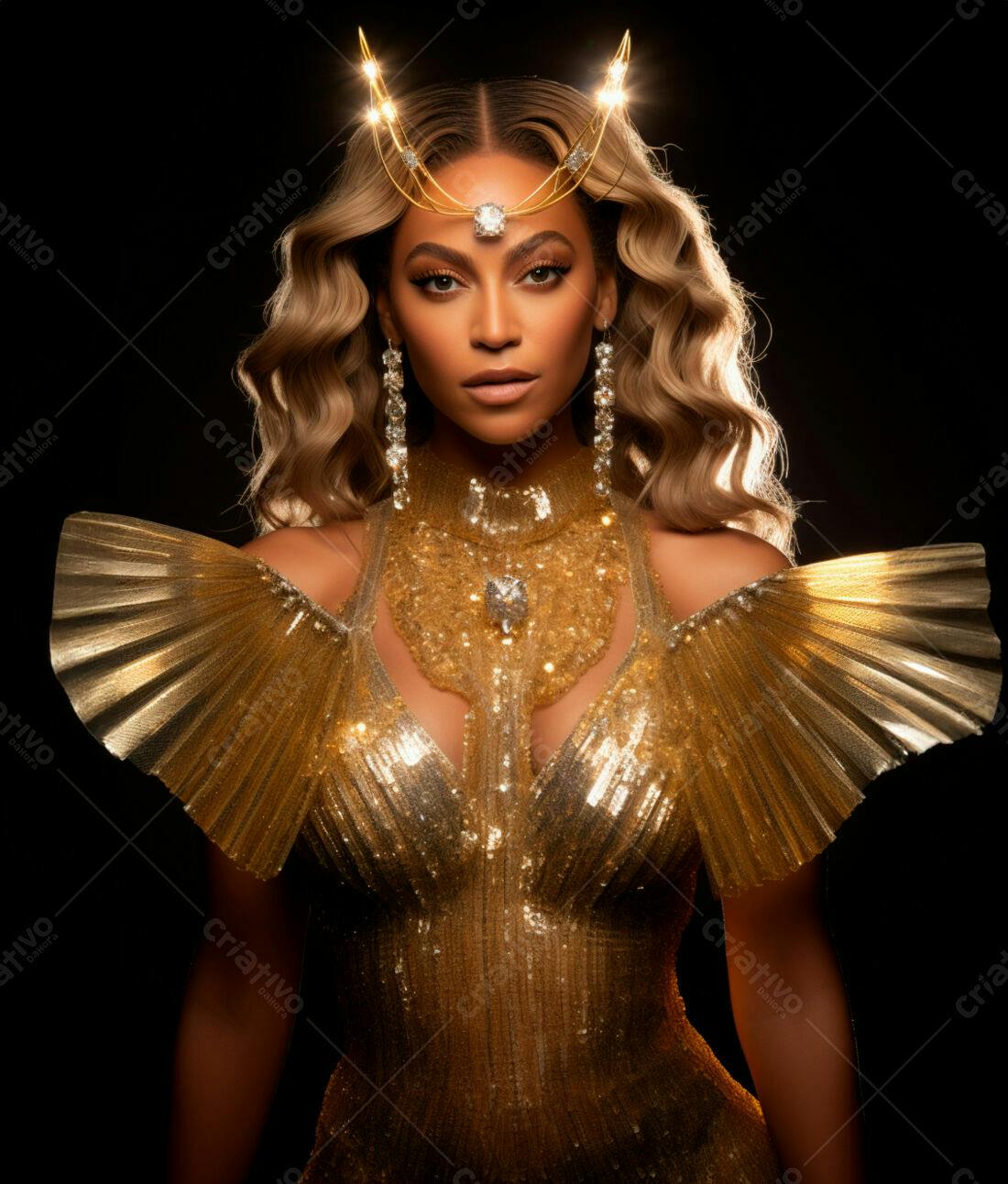 Beyoncé em vestido dourado e coroa