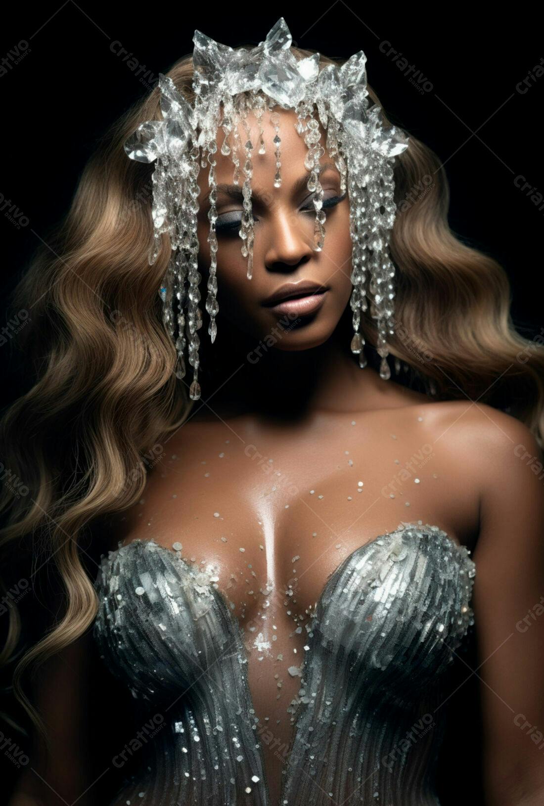 Modelo negra com coroa de cristal e vestido prateado