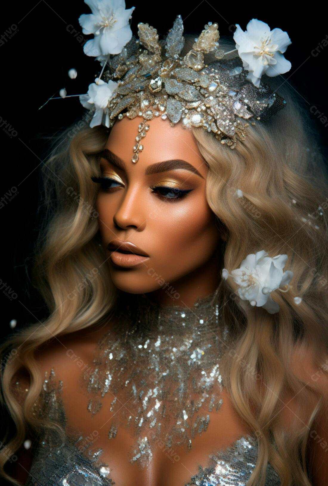 Modelo com maquiagem dourada e coroa de flores