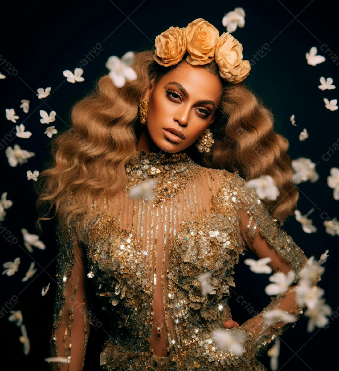 Beyoncé em vestido dourado com flores