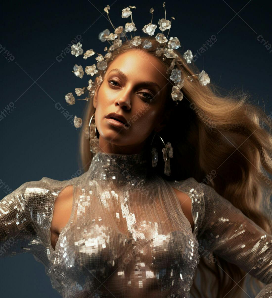 Modelo usando vestido prateado e coroa de cristais
