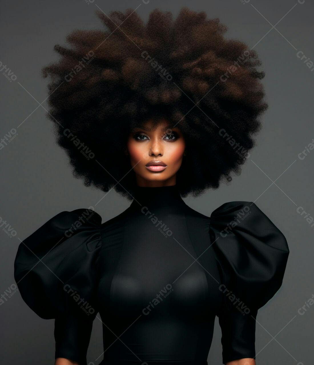 Modelo negra com cabelo afro volumoso em vestido preto