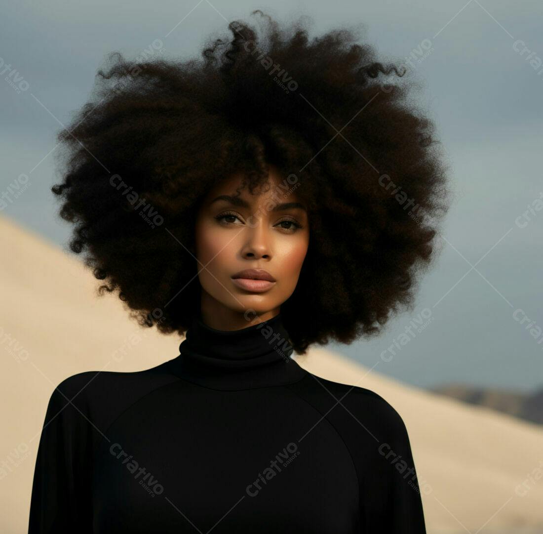 Modelo com cabelo afro em paisagem desértica