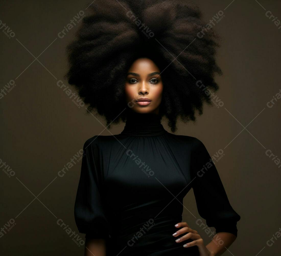 Mulher negra com cabelo afro em vestido preto