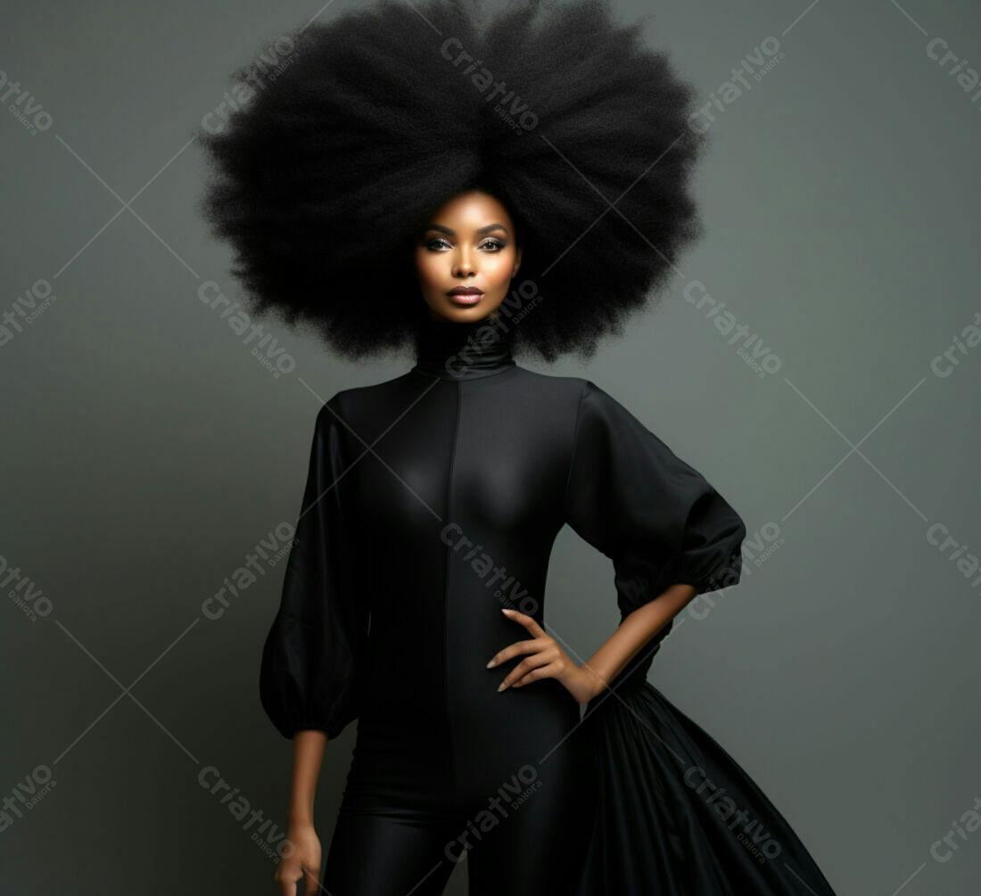 Modelo negra com cabelo afro volumoso em macacão preto