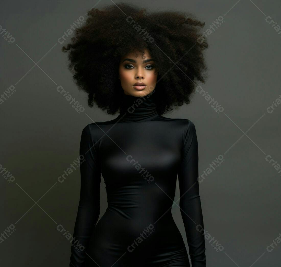 Modelo negra com cabelo afro usando vestido preto