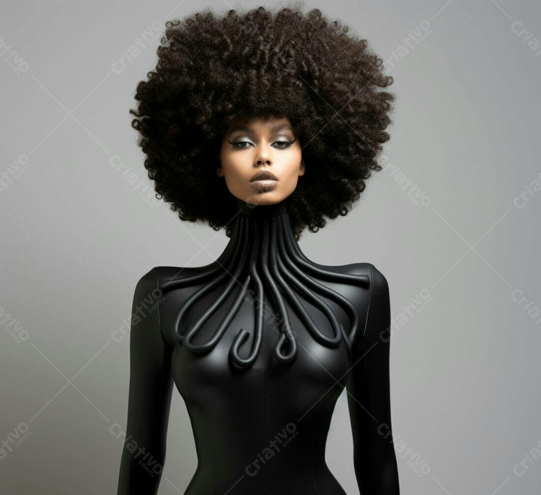 Modelo negra com cabelo afro e roupa futurista preta
