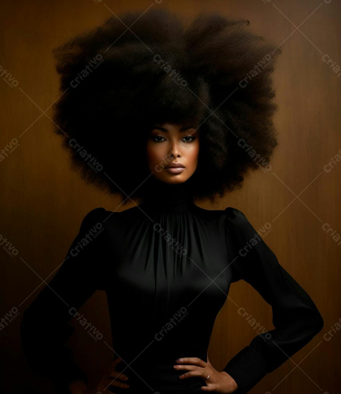 Mulher negra com cabelo afro volumoso vestido preto