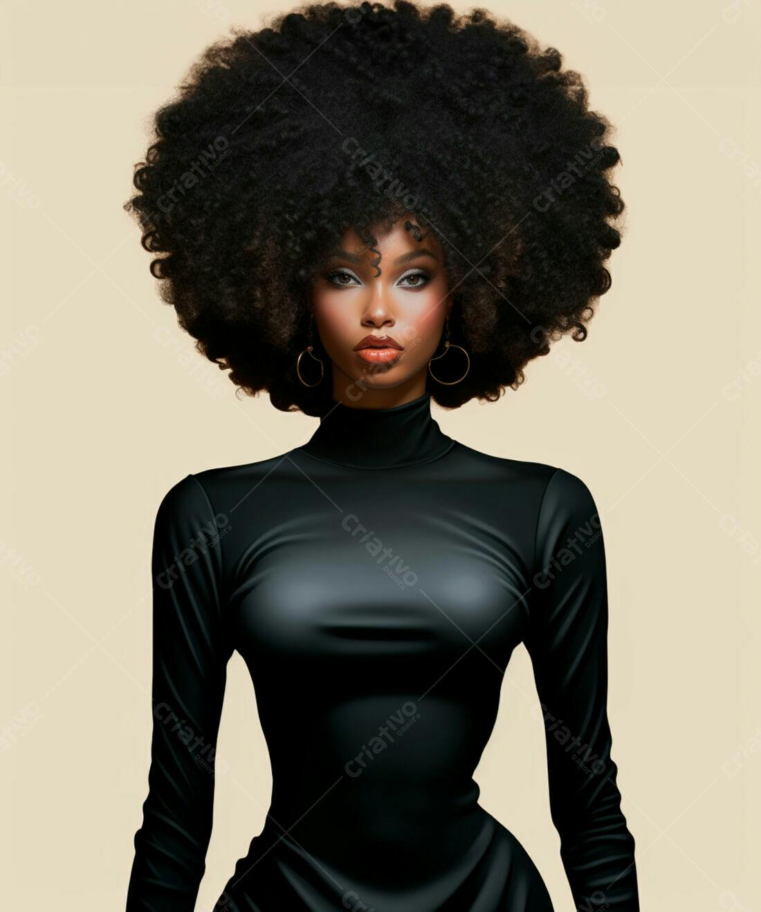 Mulher negra com cabelo afro volumoso vestido preto