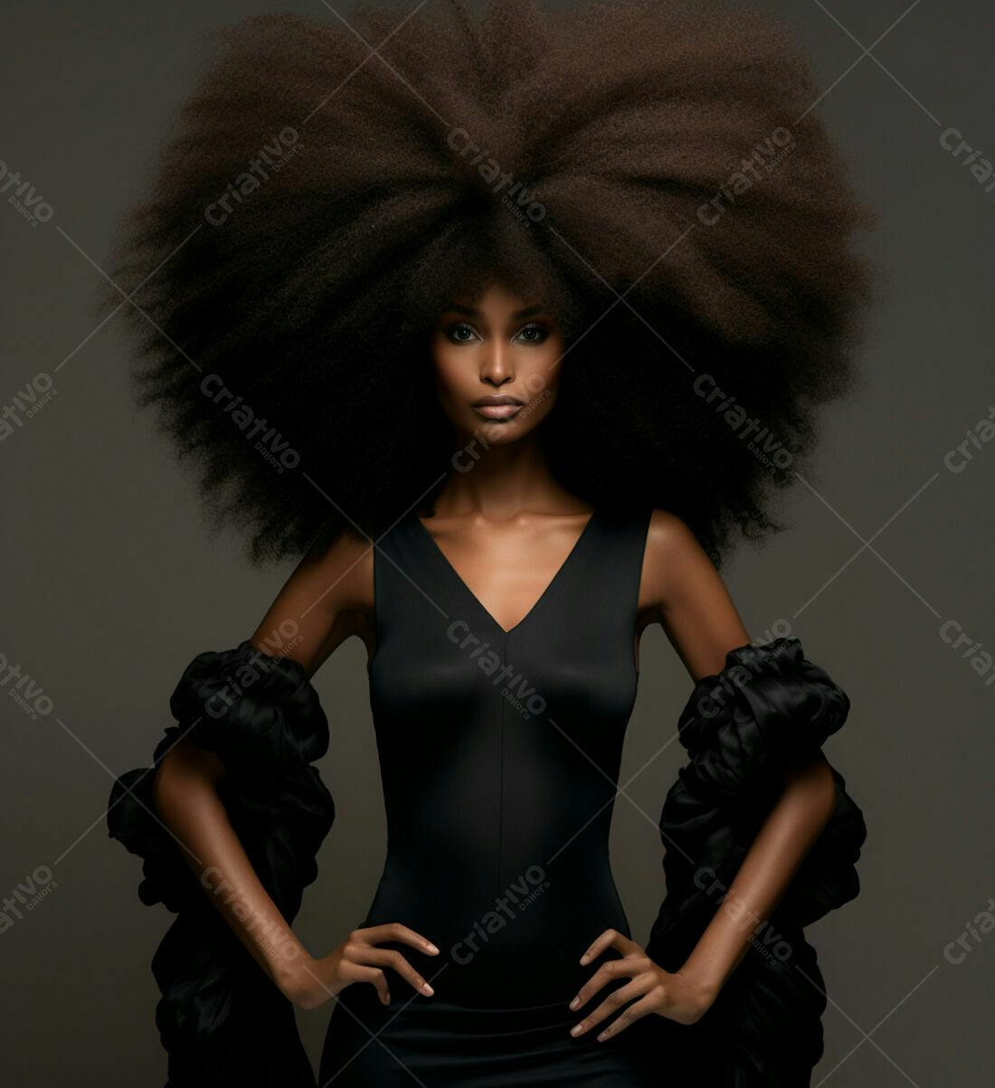 Modelo negra com cabelo afro volumoso em vestido preto