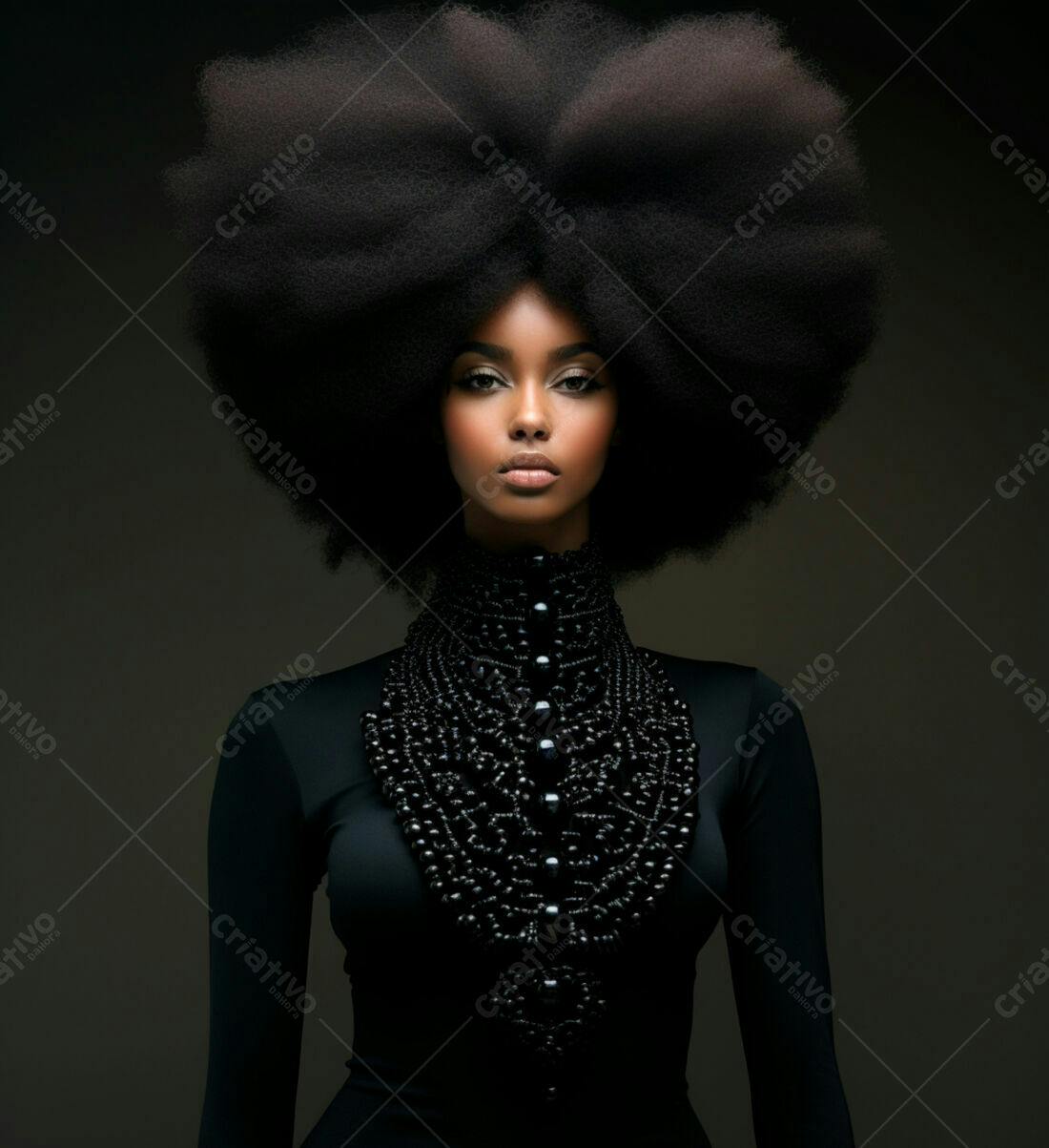 Modelo negra com cabelo afro volumoso e colar de pérolas pretas