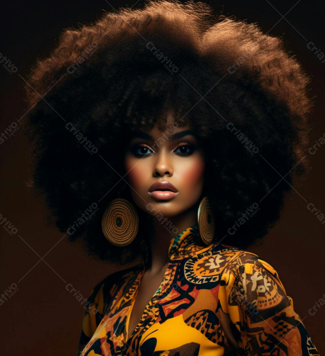 Modelo Afro com penteado volumoso e vestido estampado