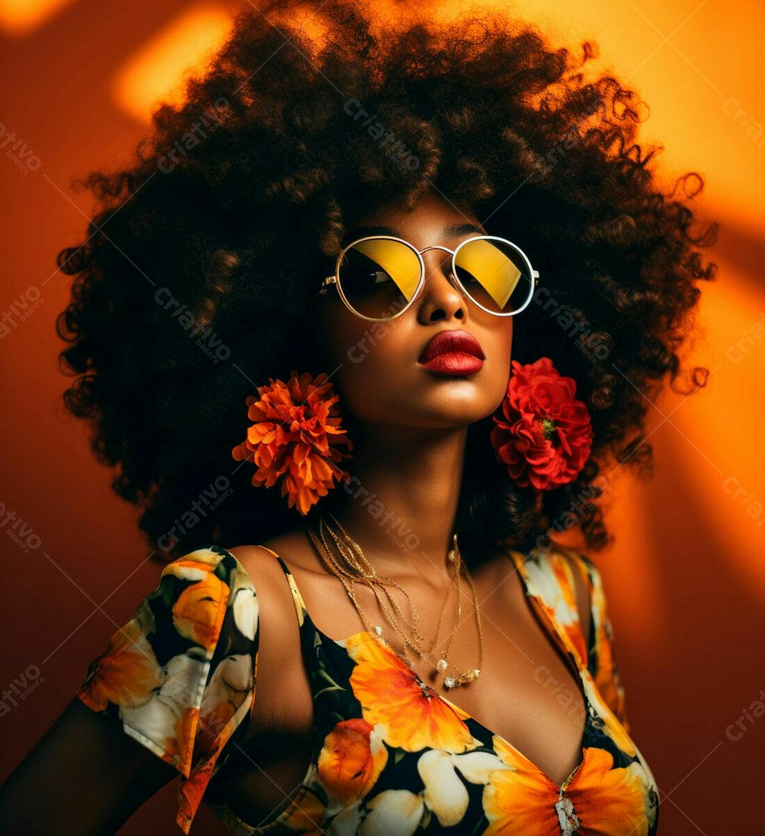 Modelo Afro com óculos amarelos e vestido floral