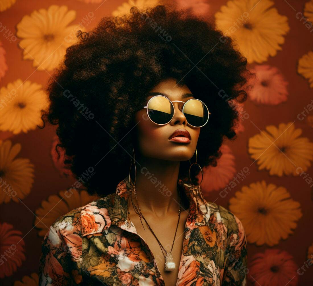 Mulher negra com óculos estilo anos 70