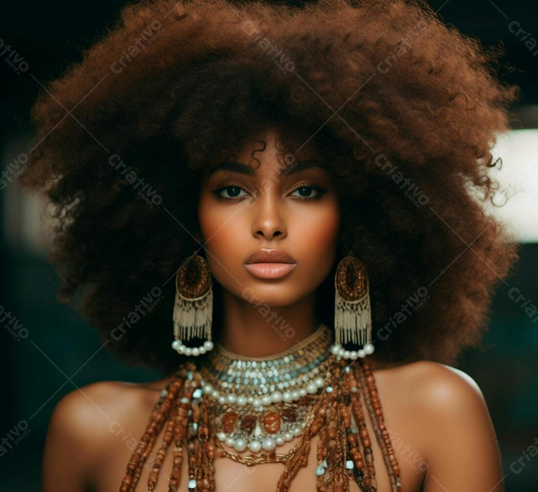 Modelo negra com cabelo afro usando joias
