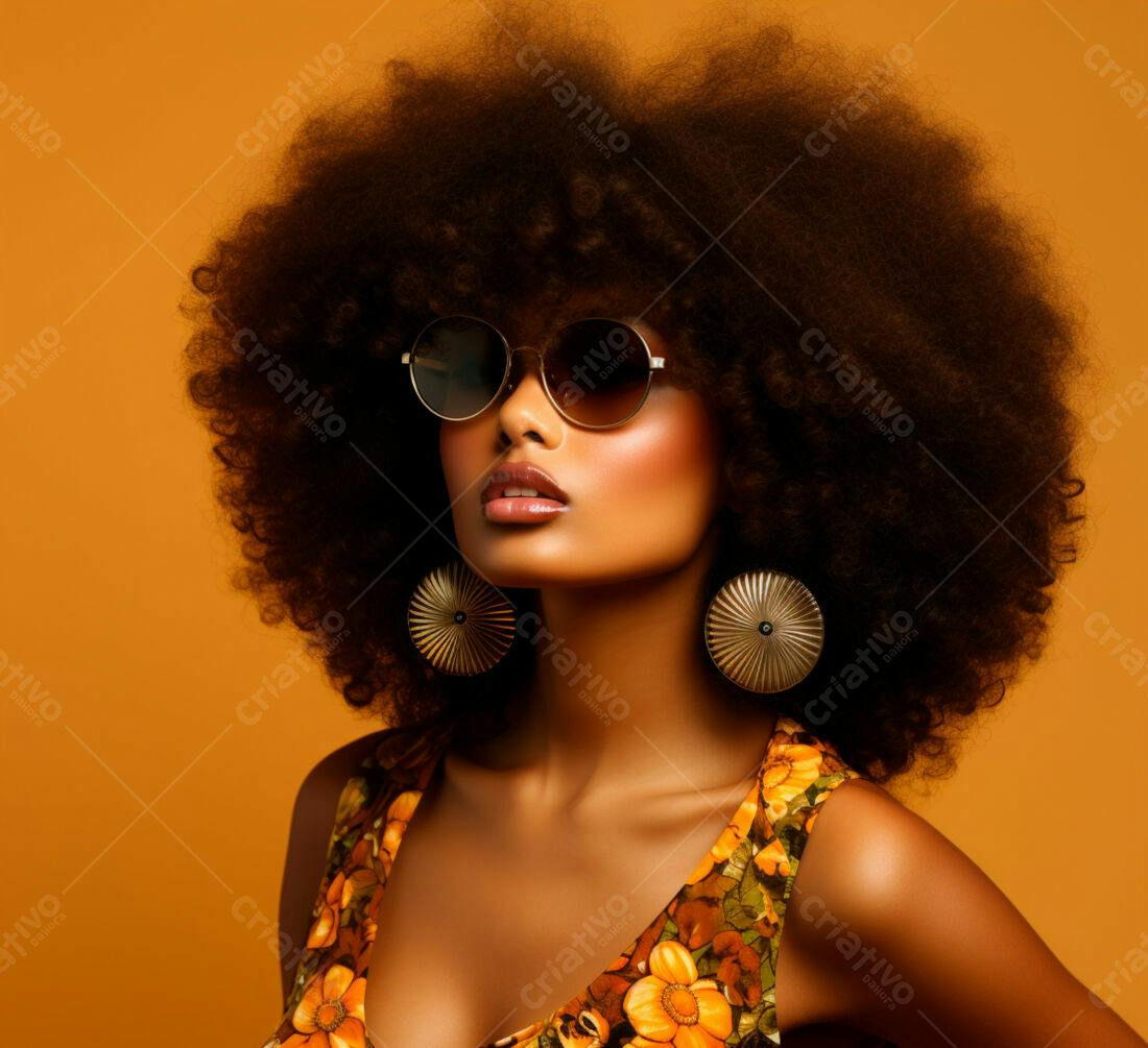 Modelo Afro com óculos escuros e vestido floral