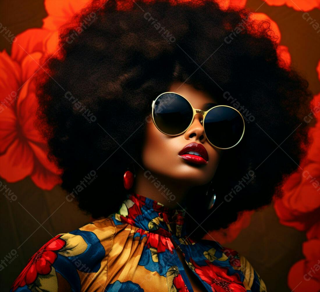 Modelo Afro com óculos grandes e blusa floral
