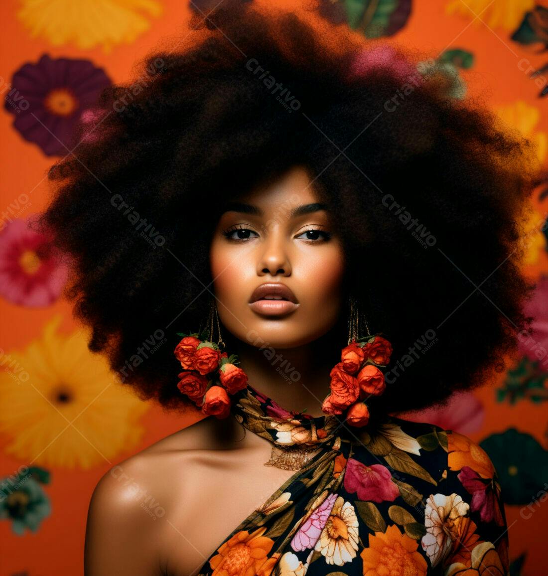 Modelo Afro com Brincos Florais e Vestido Estampado