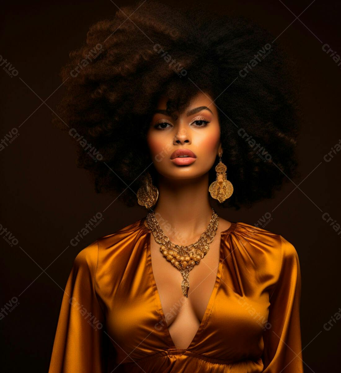 Modelo negra com cabelo afro usando vestido dourado e joias
