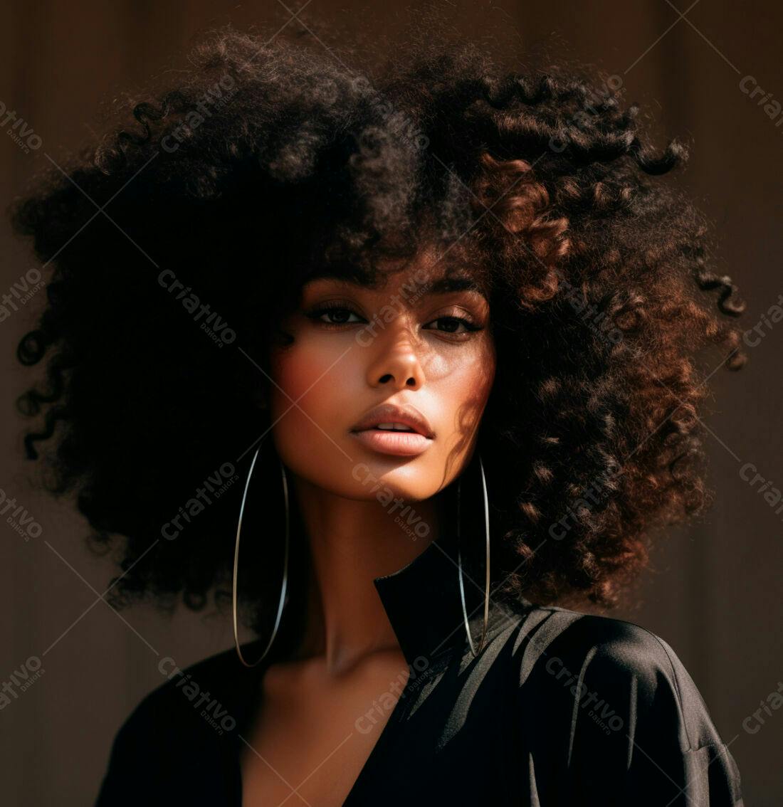 Modelo com cabelo afro usando brincos grandes