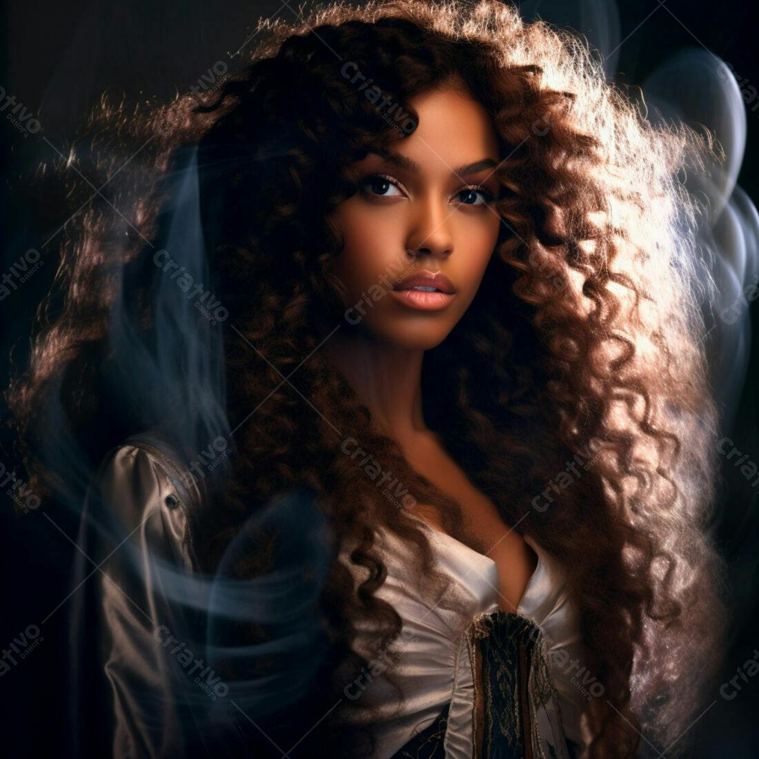 Modelo negra com cabelo cacheado volumoso