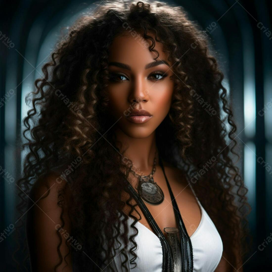 Mulher negra com cabelo cacheado e colar