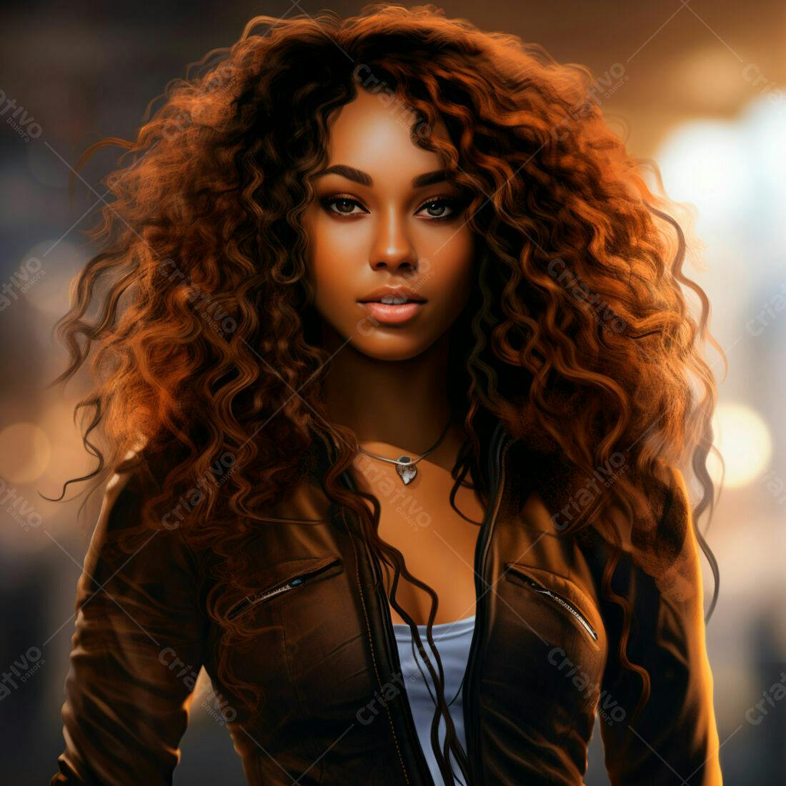 Mulher negra com cabelo cacheado e jaqueta marrom