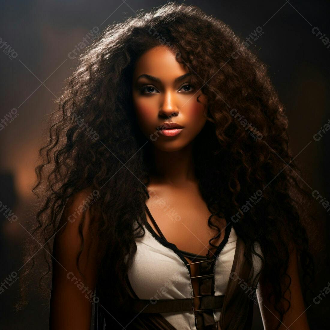 Modelo negra com cabelo cacheado longo e olhar intenso