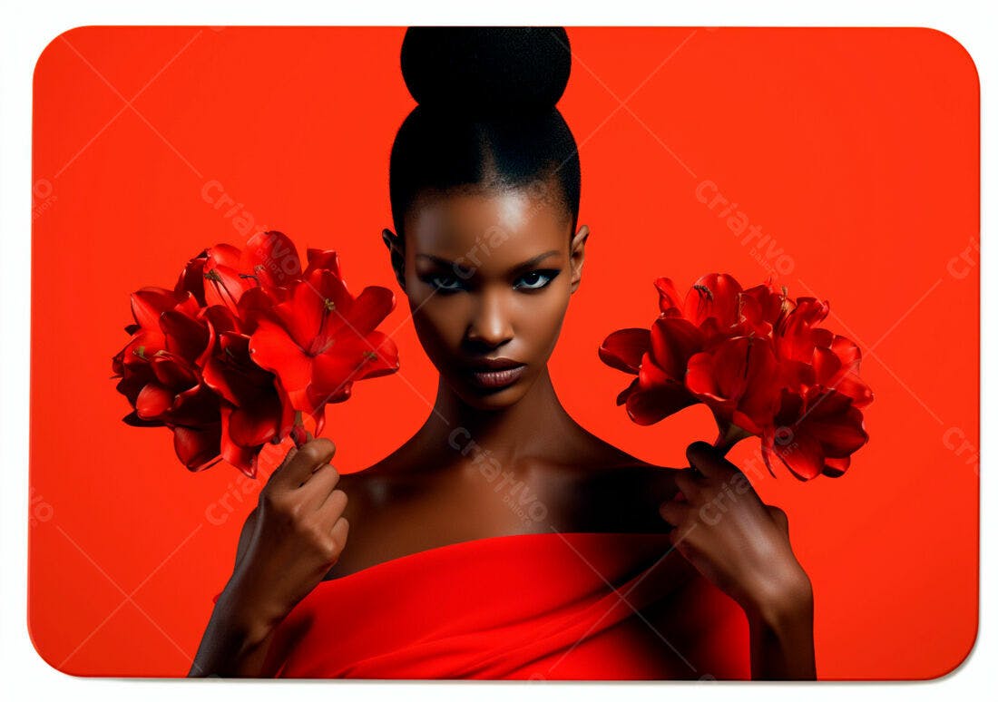 Modelo negra com flores vermelhas fundo vermelho