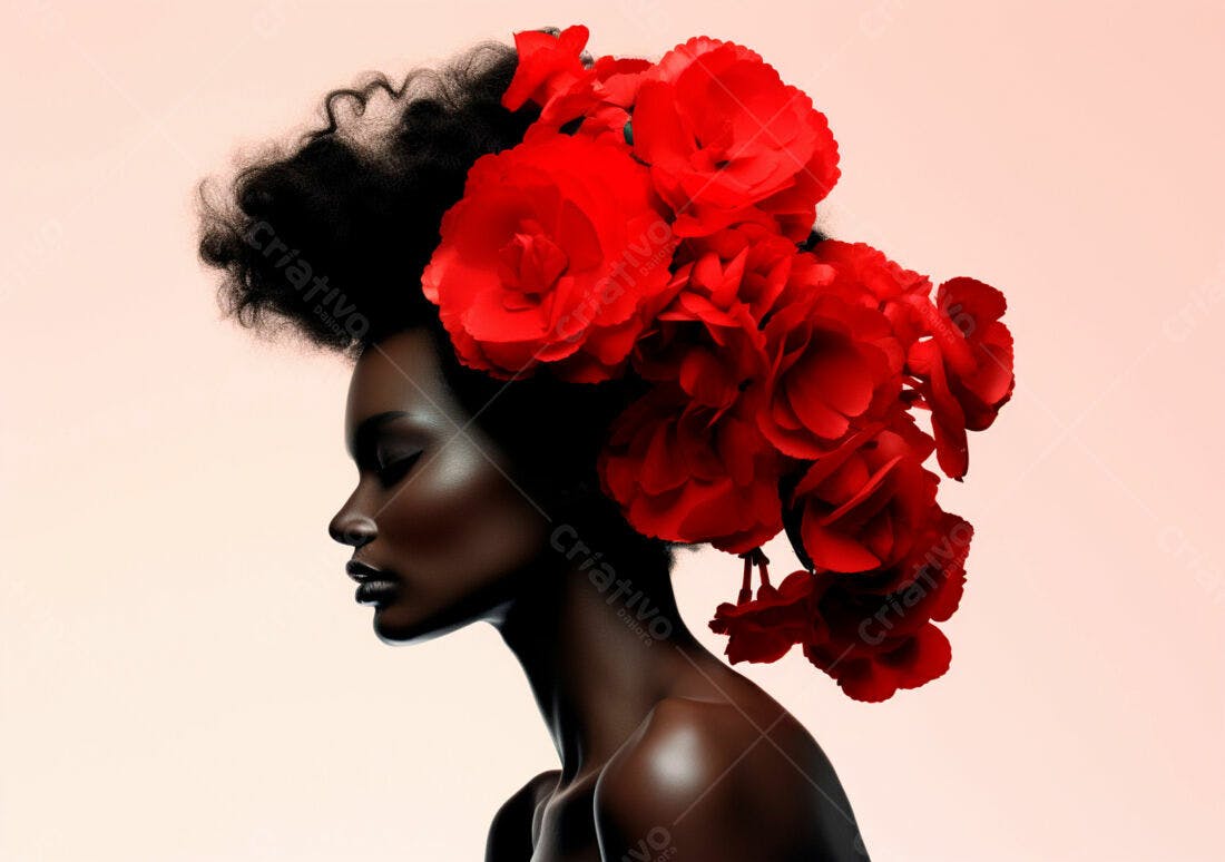 Mulher negra com flores vermelhas no cabelo