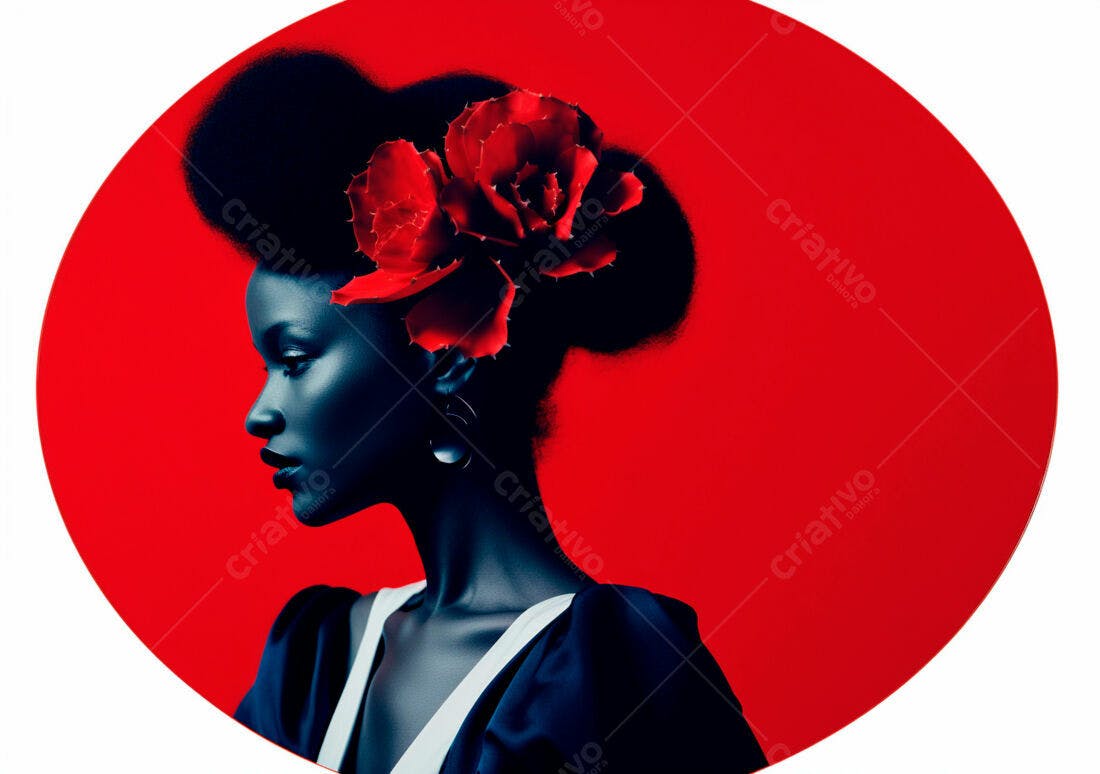 Mulher negra com flor vermelha fundo vermelho