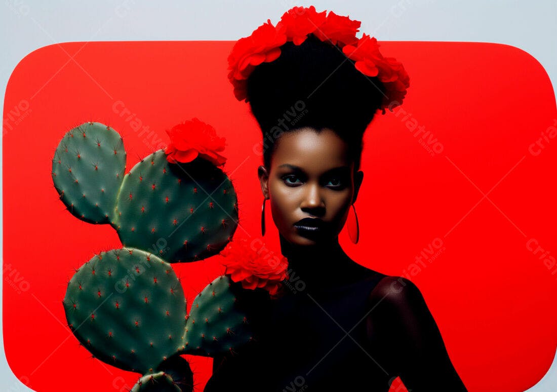 Modelo negra com flores e cacto vermelho