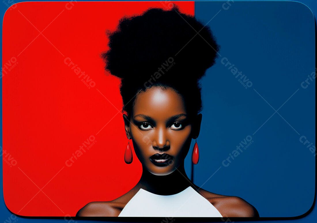 Modelo negra com cabelo afro fundo vermelho e azul
