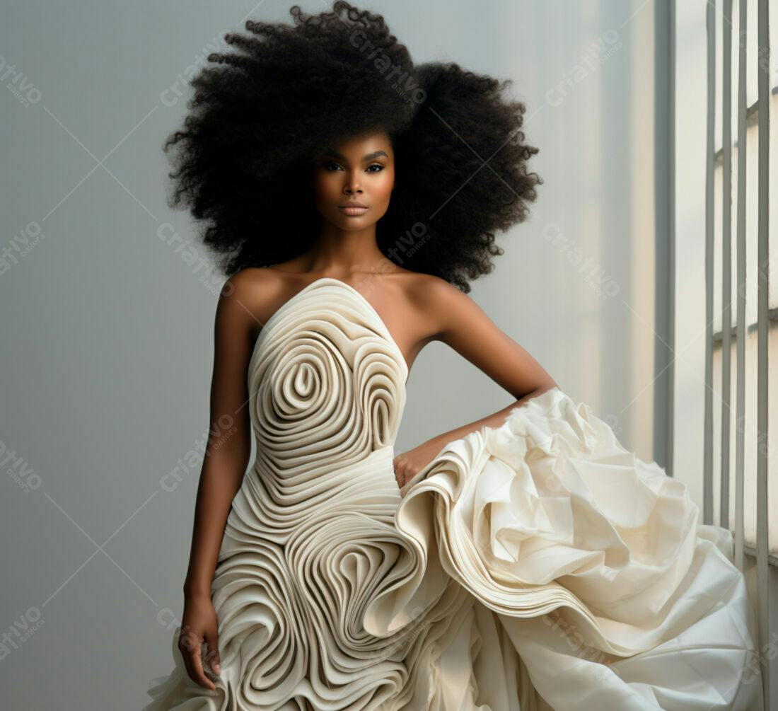 Modelo negra usando vestido branco texturizado