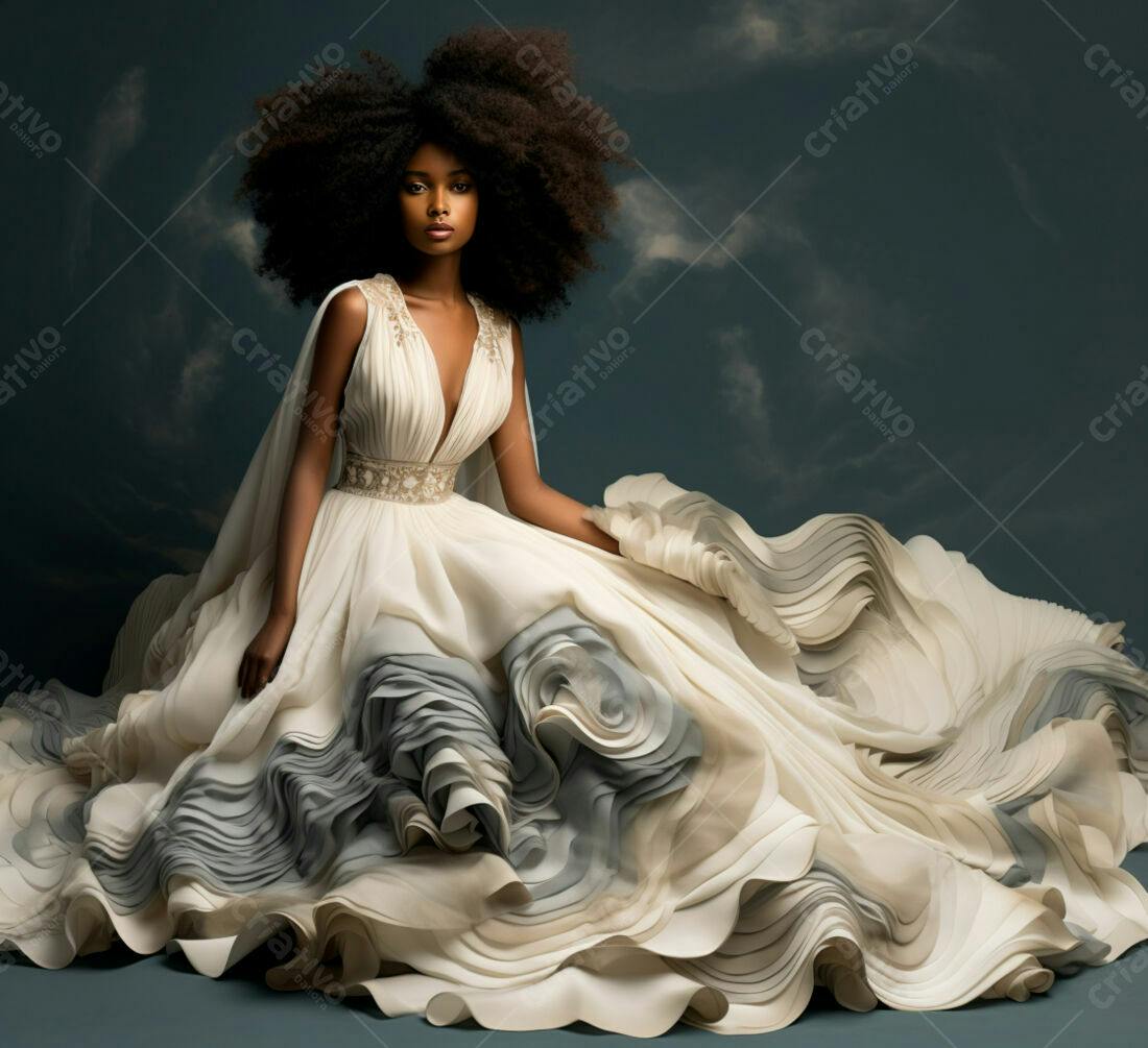 Modelo negra em vestido de noiva branco e cinza