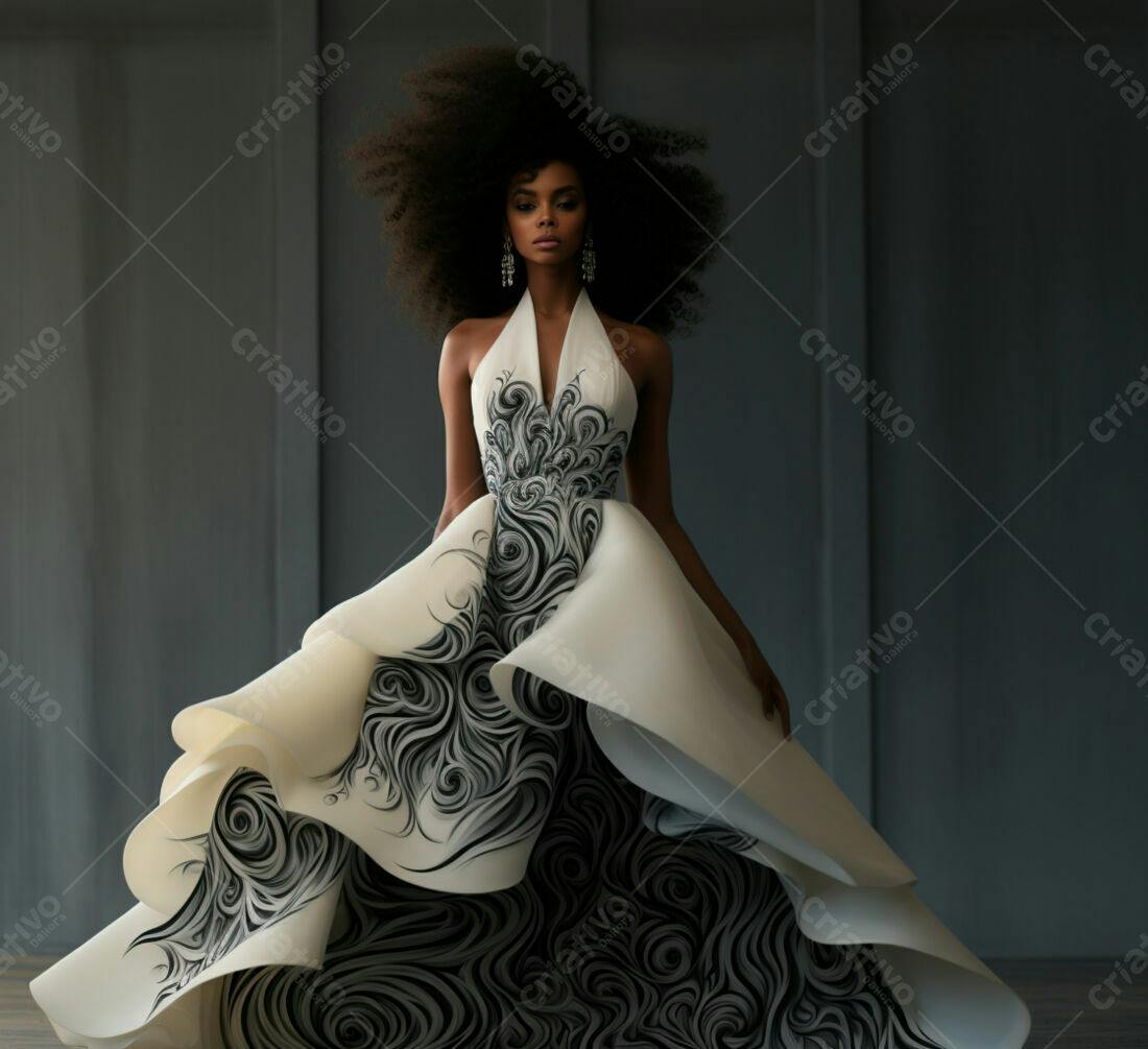 Modelo negra em vestido longo branco e preto