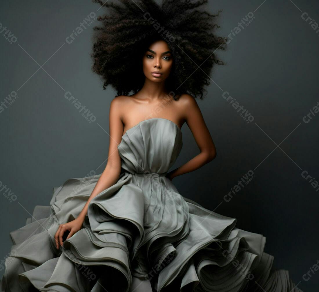 Modelo negra vestido cinza elegante