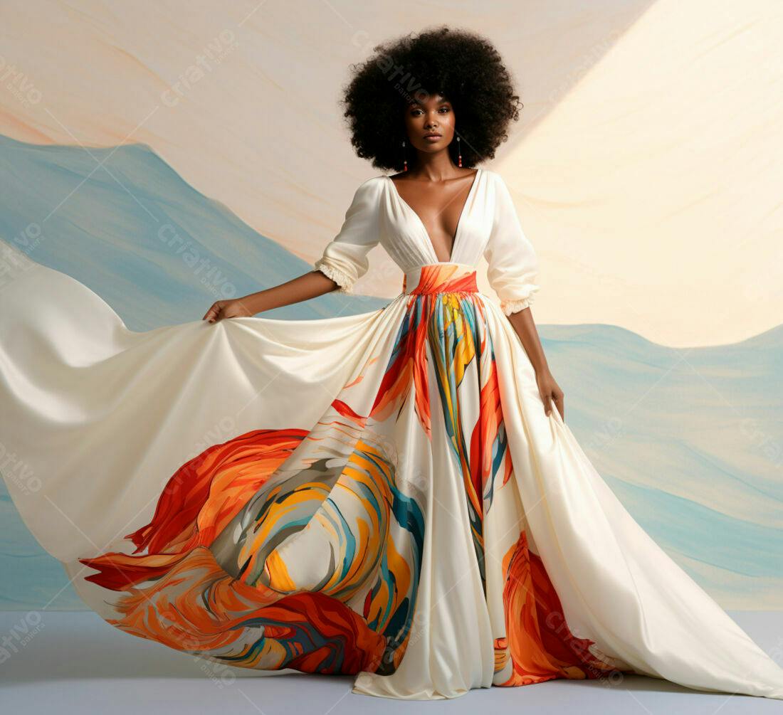 Modelo negra em vestido longo estampado