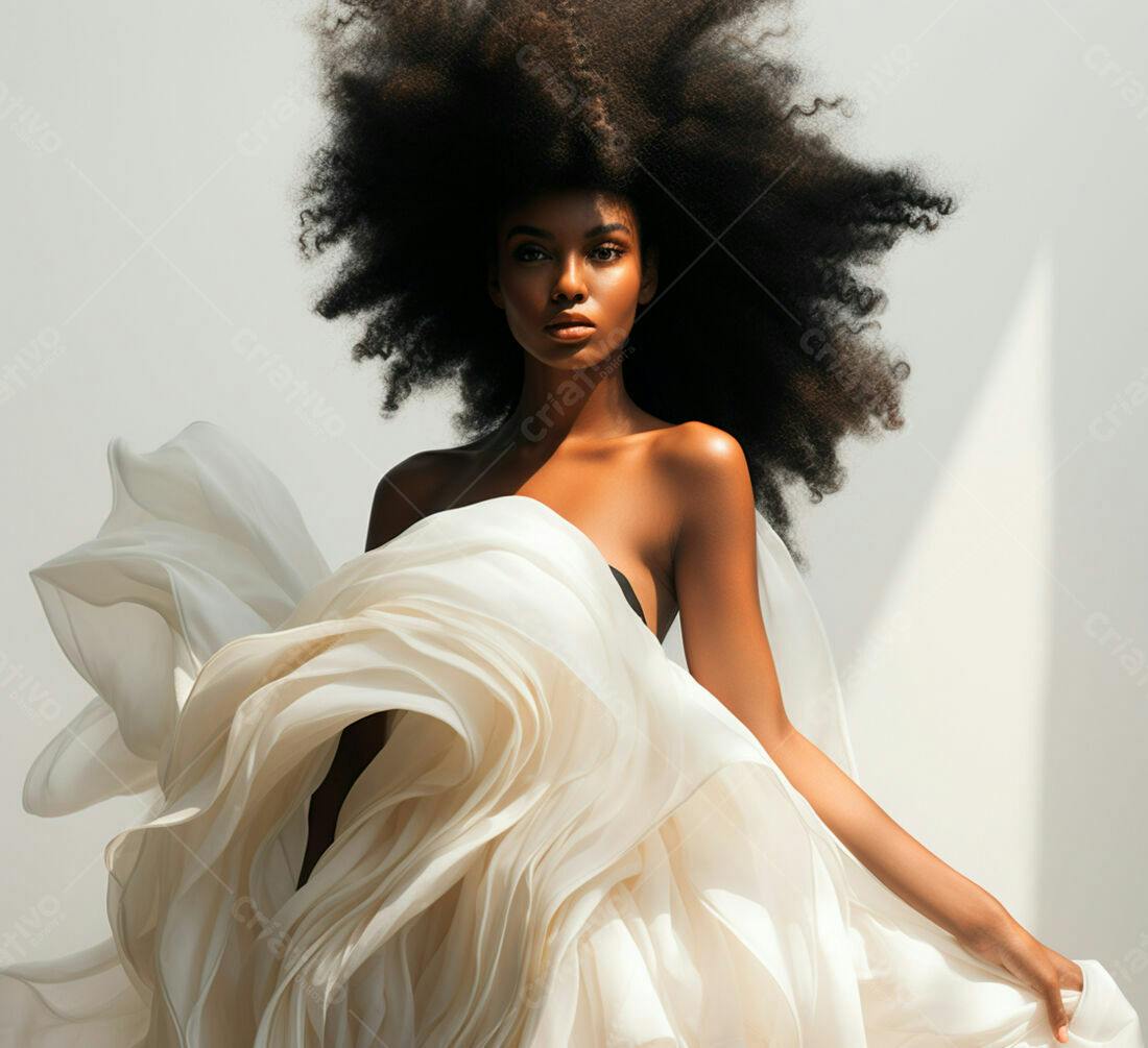 Modelo negra com vestido fluido branco