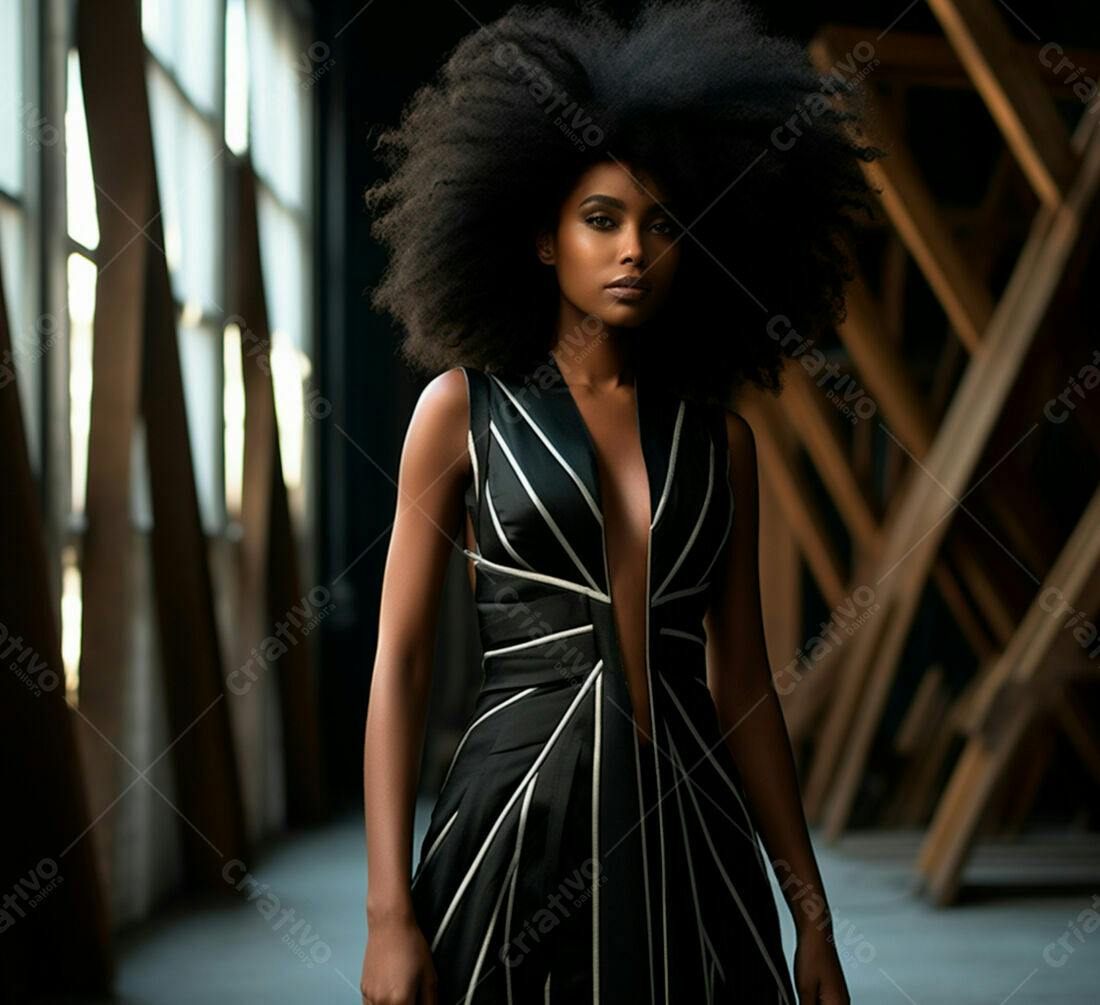 Modelo negra com vestido preto e branco em estúdio