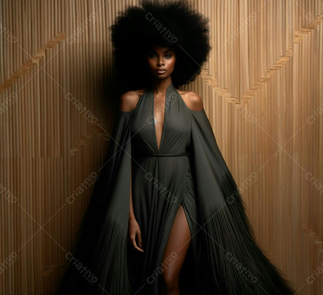 Modelo negra em vestido longo verde escuro
